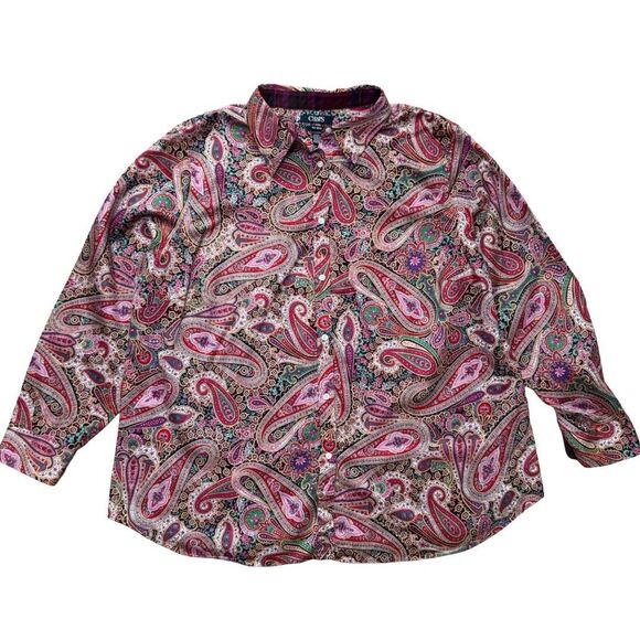 Chaps No Iron Women's 2XL Paisley Flip Cuff Long Sleeve Button Up Shirt Blouse - Picture 1 of 11